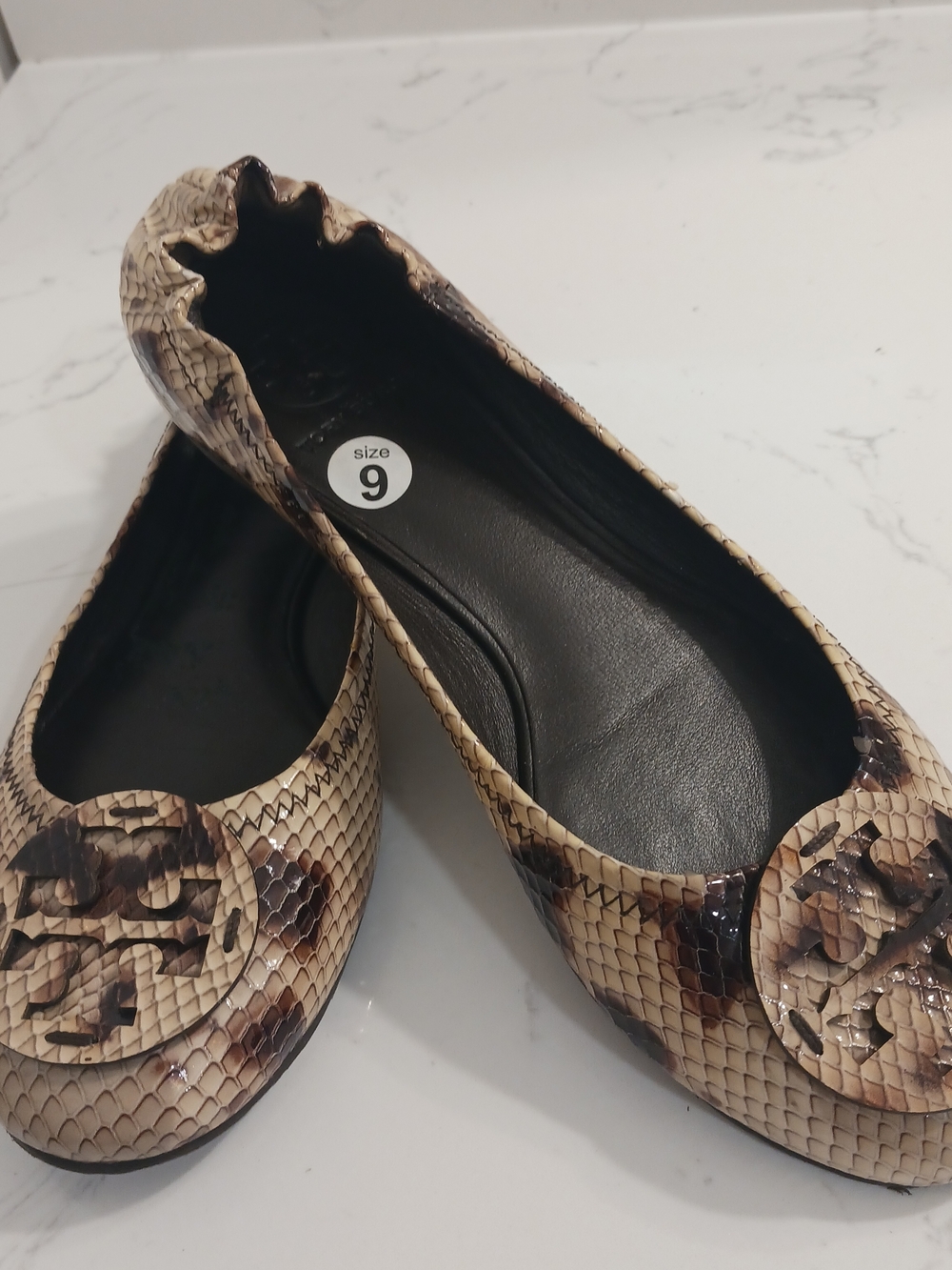 Tory Burch Beige and Brown Snake-Print Logo Ballet Flats